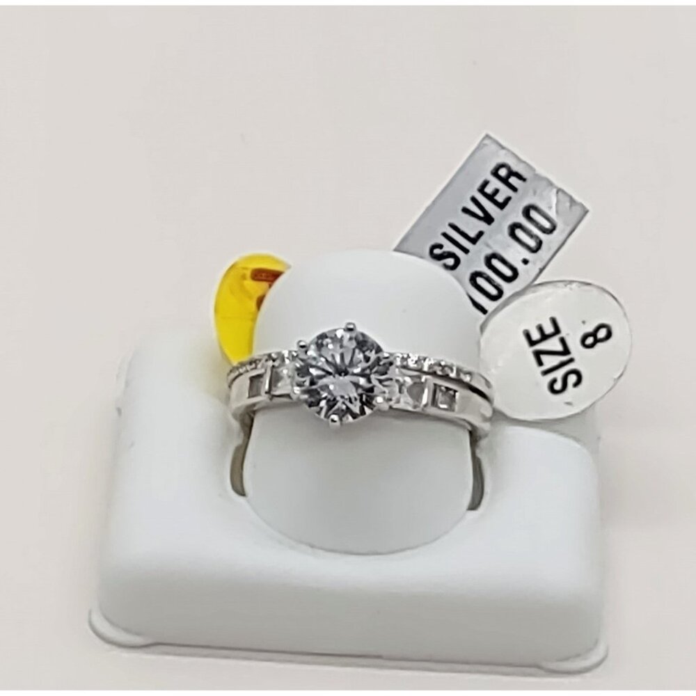 RJ-R116 Sterling Silver Anniversary/Wedding Set Ring Size 8 CZ & Baguette
